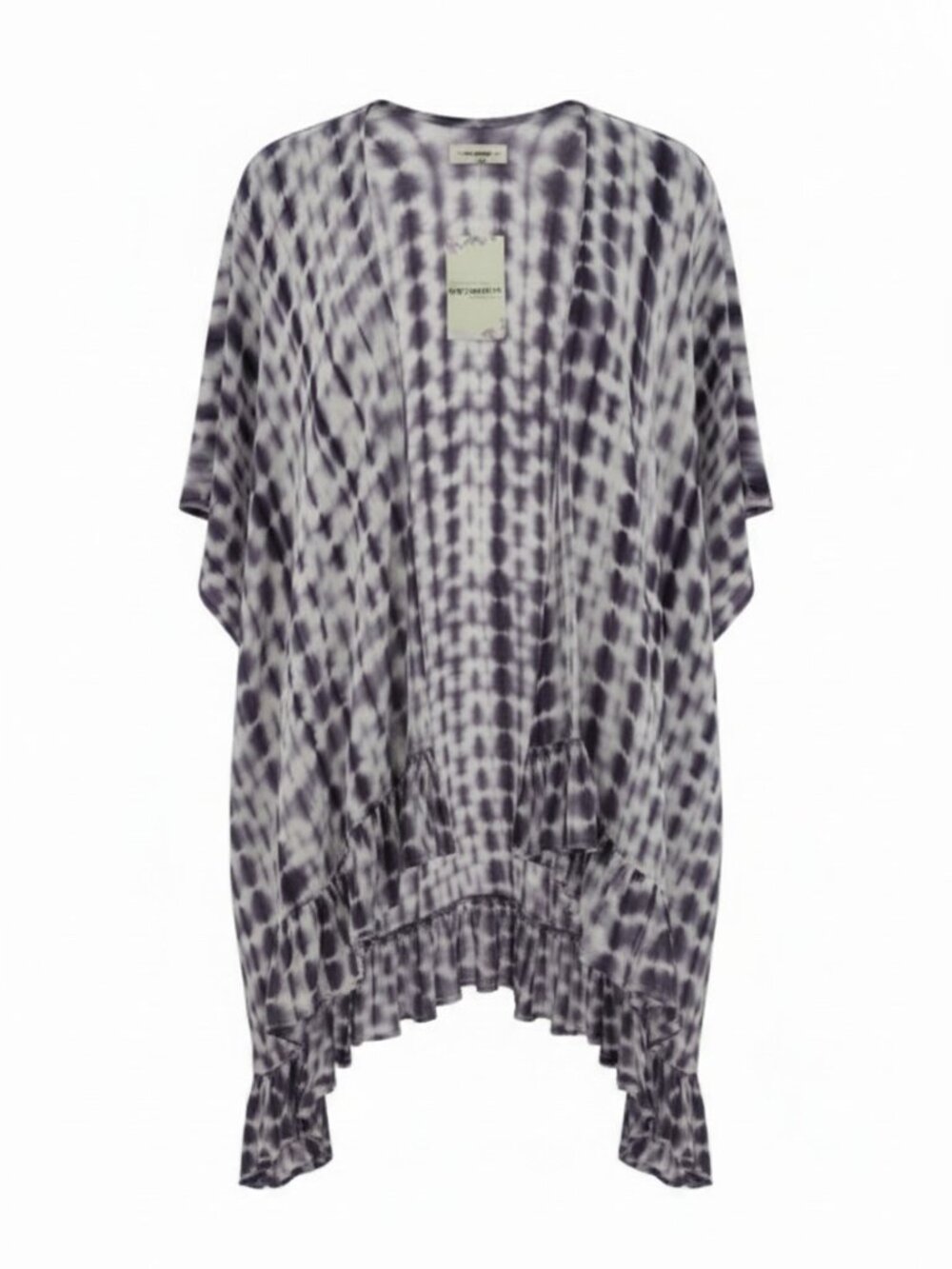 Ee:some Women O/S Kimono Cardigan Tie Dye Purple White Ruffle Hem Cover Up